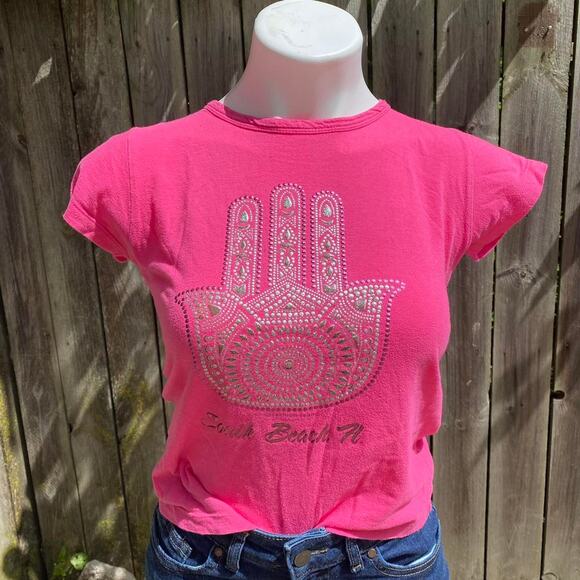Y2K 2000s Pink Baby Tee w/ Rhinestone Embellished Hamza Hand - Picture 1 of 5